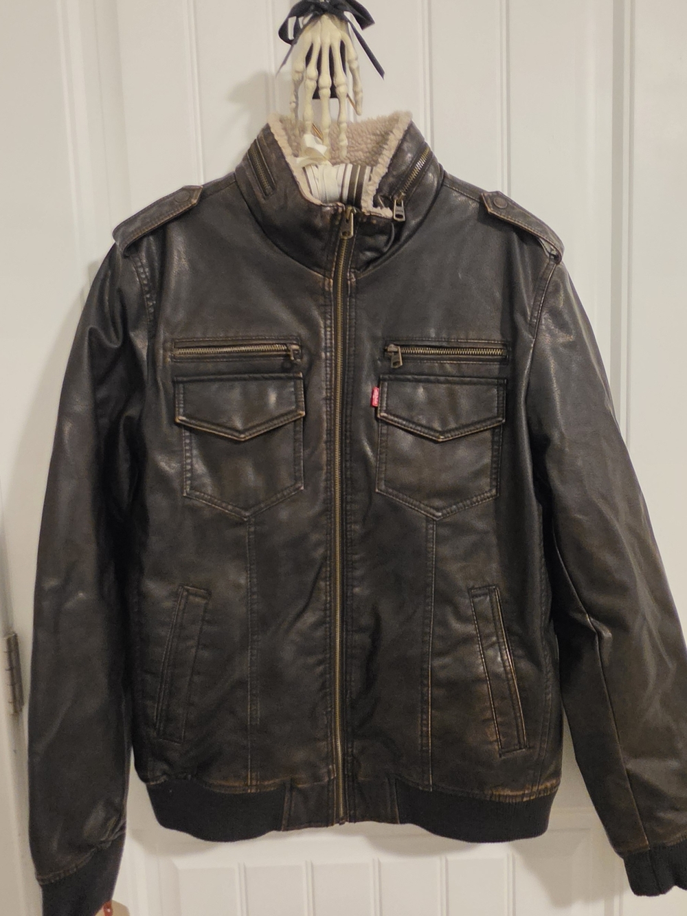 Levi's Black Faux Leather Bomber Jacket with Cream Sherpa Collar
